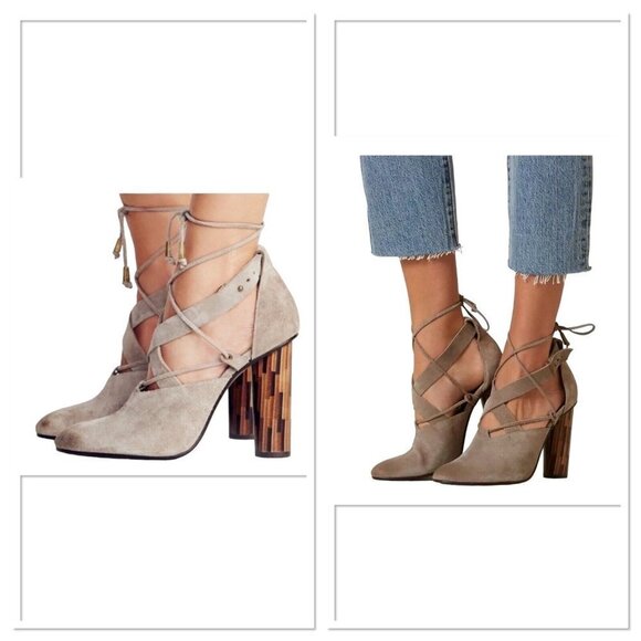 Free People Taupe Nouvella Criss Cross Wrap Chunky Heel Suede‎ Leather Sz 38/6.5 - Picture 1 of 12